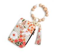 Generico Women's Boho Beaded Wallet with Flower Pattern, Boho Wristlet Wallet, Women Beaded & Tassel Decorated Keychain (Khaki)