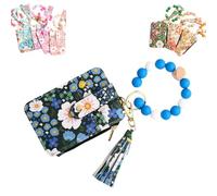 Generico Women's Boho Beaded Wallet With Flower Pattern, Bracelet Keychain Wallet for Women, Credit Card Holder Purse (Dark Blue)