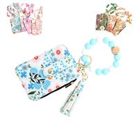 Generico Women's Boho Beaded Wallet With Flower Pattern, Bracelet Keychain Wallet for Women, Credit Card Holder Purse (Blue)