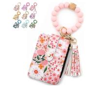 Generico Women's Boho Beaded Wallet With Flower Pattern, Tassel Decorated Bracelet Keychain Wallet, For Women Travel And Everyday Use (Light pink)