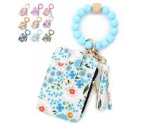 Generico Women's Boho Beaded Wallet With Flower Pattern, Tassel Decorated Bracelet Keychain Wallet, For Women Travel And Everyday Use (Light blue)