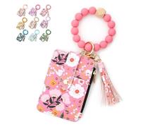 Generico Women's Boho Beaded Wallet With Flower Pattern, Tassel Decorated Bracelet Keychain Wallet, For Women Travel And Everyday Use (Dark pink)