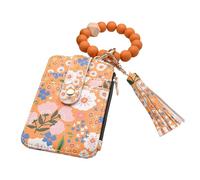Generico Women'S Boho Beaded Wallet, Women Boho Style Beaded & Tassel Decorated Keychain, Wristlet Keychain with Flower Pattern(Khaki)