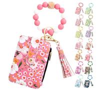 Generico Women's Boho Beaded Wallet, Womens Boho Style Beaded and Tassel Wristlet Keychain Wallet with Floral Fruit Pattern (Dark Pink)