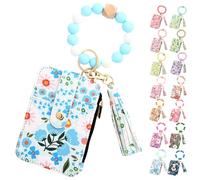 Generico Women's Boho Beaded Wallet, Womens Boho Style Beaded and Tassel Wristlet Keychain Wallet with Floral Fruit Pattern (Light Blue)