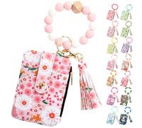 Generico Women's Boho Beaded Wallet, Womens Boho Style Beaded and Tassel Wristlet Keychain Wallet with Floral Fruit Pattern (Light Pink)