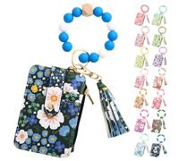 Generico Women's Boho Beaded Wallet, Womens Boho Style Beaded and Tassel Wristlet Keychain Wallet with Floral Fruit Pattern (Dark Blue)