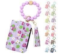 Generico Women's Boho Beaded Wallet, Womens Boho Style Beaded and Tassel Wristlet Keychain Wallet with Floral Fruit Pattern (Grape)