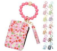 Generico Women's Boho Beaded Wallet, Womens Boho Style Beaded and Tassel Wristlet Keychain Wallet with Floral Fruit Pattern (Strawberry)