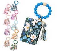 Generico Women's Boho Beaded Wallet, Women's Boho Style Beaded & Tassel Decorated Keychain with Flower Pattern Wallet (Light blue)