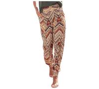 Generico Womens Boho Printed Beach Trousers High Waist Long Pants Drawstring Pocket Casual Holiday Bottoms Loose Fit Flowing Resort Walking Summer Everyday Wear, 02-Khaki, S