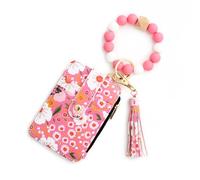 Generico Women's Boho Style Beaded & Tassel Decorated with Flower Pattern Wallet Wristlet Bag with Clear ID Window Printed Card Holder Wallet (Dark Pink)
