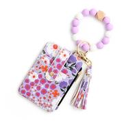 Generico Women's Boho Style Beaded & Tassel Decorated with Flower Pattern Wallet Wristlet Bag with Clear ID Window Printed Card Holder Wallet (Purple)