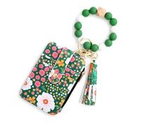 Generico Women's Boho Style Beaded & Tassel Decorated with Flower Pattern Wallet Wristlet Bag with Clear ID Window Printed Card Holder Wallet (Green)