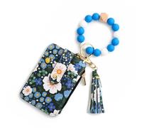 Generico Women's Boho Style Beaded & Tassel Decorated with Flower Pattern Wallet Wristlet Bag with Clear ID Window Printed Card Holder Wallet (Dark Blue)
