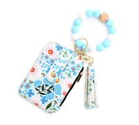 Generico Women's Boho Style Beaded & Tassel Decorated with Flower Pattern Wallet Wristlet Bag with Clear ID Window Printed Card Holder Wallet (Blue)