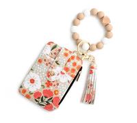Generico Women's Boho Style Beaded & Tassel Decorated with Flower Pattern Wallet Wristlet Bag with Clear ID Window Printed Card Holder Wallet (Khaki)