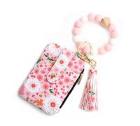 Generico Women's Boho Style Beaded & Tassel Decorated with Flower Pattern Wallet Wristlet Bag with Clear ID Window Printed Card Holder Wallet (Pink)