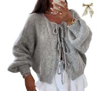 Generico Women's Bowtie Oversized Knit Sweater Cardigan Cute Crew Neck Bow Tie Front Long Sleeve Casual Knitwears Loose Pullover Tops