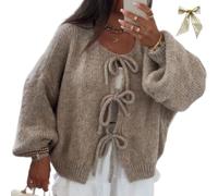 Generico Women's Bowtie Oversized Knit Sweater Cardigan Cute Crew Neck Bow Tie Front Long Sleeve Casual Knitwears Loose Pullover Tops