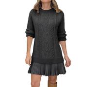 Generico Women's Cable Knit Sweater Dress, Causal Crew Neck Long Sleeve Patchwork Pleated Knit Pullovers Mini Dresses (#2,17)
