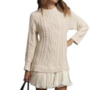 Generico Women's Cable Knit Sweater Dress, Causal Crew Neck Long Sleeve Patchwork Pleated Knit Pullovers Mini Dresses (#11,20)