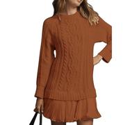 Generico Women's Cable Knit Sweater Dress, Causal Crew Neck Long Sleeve Patchwork Pleated Knit Pullovers Mini Dresses (#10,20)