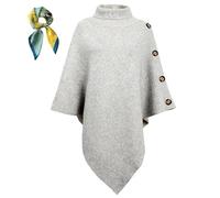 Generico Women's Cape Sweater - Turtleneck Button Detail,Fall Winter Chunky Knit Poncho,3/4 Sleeve Knitted Shawl Knitwear Cloak (Gray)