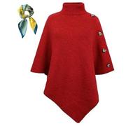 Generico Women's Cape Sweater - Turtleneck Button Detail,Fall Winter Chunky Knit Poncho,3/4 Sleeve Knitted Shawl Knitwear Cloak (Red)