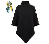 Generico Women's Cape Sweater - Turtleneck Button Detail,Fall Winter Chunky Knit Poncho,3/4 Sleeve Knitted Shawl Knitwear Cloak (Black)