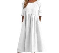 Generico Women's Casual Basic Outdoor Crew Neck Pocket Smocked Cotton Dress, Casual Loose Long, Smocked Dress with Pocket (L,White)