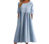 Generico Women's Casual Basic Outdoor Crew Neck Pocket Smocked Cotton Dress, Casual Loose Long, Smocked Dress with Pocket (L,Light Blue)