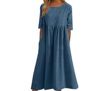 Generico Women's Casual Basic Outdoor Crew Neck Pocket Smocked Cotton Dress, Casual Loose Long, Smocked Dress with Pocket (S,Dark Blue)