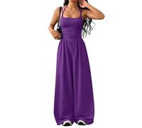 Generico Womens Casual Jumpsuit Spaghetti Strap Square Neck Smocked Wide Leg Long Pants All-in-One Summer Outfit