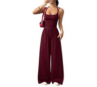 Generico Womens Casual Jumpsuit Spaghetti Strap Square Neck Smocked Wide Leg Long Pants All-in-One Summer Outfit