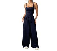 Generico Womens Casual Jumpsuit Spaghetti Strap Square Neck Smocked Wide Leg Long Pants All-in-One Summer Outfit