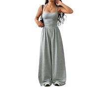 Generico Womens Casual Jumpsuit Spaghetti Strap Square Neck Smocked Wide Leg Long Pants All-in-One Summer Outfit