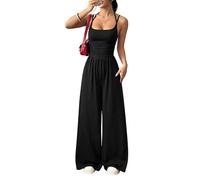 Generico Womens Casual Jumpsuit Spaghetti Strap Square Neck Smocked Wide Leg Long Pants All-in-One Summer Outfit