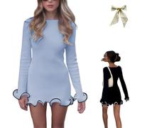 Generico Women's Contrast Binding Flounce Sleeve Dress,Elegant Long Sleeve Ruffle Hem Short Dress,Boat Neck Slim Fit Party Mini Dress