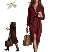 Generico Womens Corduroy Button Down Midi Shirt Dress,Casual Lapel Collar Long Sleeve Dress with Pockets,Vintage Corduroy Maxi Dresses (IT, Testo, XXL, Regular, Regular, Red)