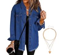 Generico Women'S Denim Jacket Oversized Frayed Hem Jean Trucker Jacket Shacket Casual Boyfriend Shackets Regular Fit With Pockets (#10,M)