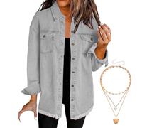 Generico Women'S Denim Jacket Oversized Frayed Hem Jean Trucker Jacket Shacket Casual Boyfriend Shackets Regular Fit With Pockets (#11,L)