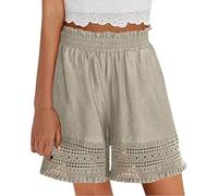 Generico Women's Elastic High Waist Lace Hollow out Cotton Shorts, Yoga Lounge Casual Ruffled Eyelet Hem Comfy Stretch Shorts (Khaki,L)