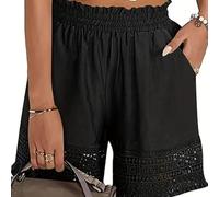 Generico Women's Elastic High Waist Lace Hollow out Cotton Shorts, Yoga Lounge Casual Ruffled Eyelet Hem Comfy Stretch Shorts (Black,XXL)