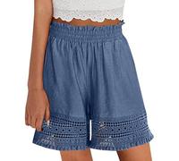 Generico Women's Elastic High Waist Lace Hollow out Cotton Shorts, Yoga Lounge Casual Ruffled Eyelet Hem Comfy Stretch Shorts (Blue,M)