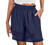 Generico Women's Elastic High Waist Lace Hollow out Cotton Shorts, Yoga Lounge Casual Ruffled Eyelet Hem Comfy Stretch Shorts (Dark Blue,L)