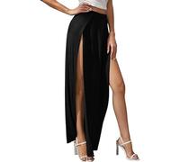 Generico Women's Elastic Waist High Split Wrap Flowy Long Maxi Skirt (Black, S)