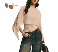 Generico Women's Elegant Chiffon Cape Sleeve Top,Sheer Mesh Asymmetrical Batwing Sleeve Shirts,Trendy Summer Dressy Blouse Shawl