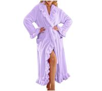 Generico Women's fleece bathrobe, soft long bathrobe with wool ruffles, fluffy and warm, comfortable loungewear, lightweight solid color adult wool winter bathrobe (Purple,S)