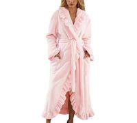 Generico Women's fleece bathrobe, soft long bathrobe with wool ruffles, fluffy and warm, comfortable loungewear, lightweight solid color adult wool winter bathrobe (Pink,M)